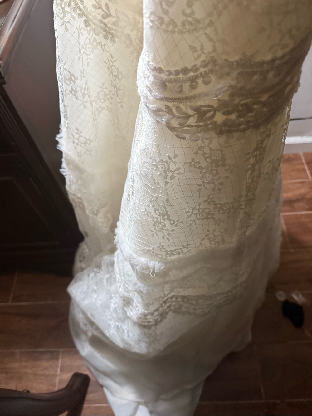 Elegant Cream Lace Wedding Dress with Layered Floral Panels